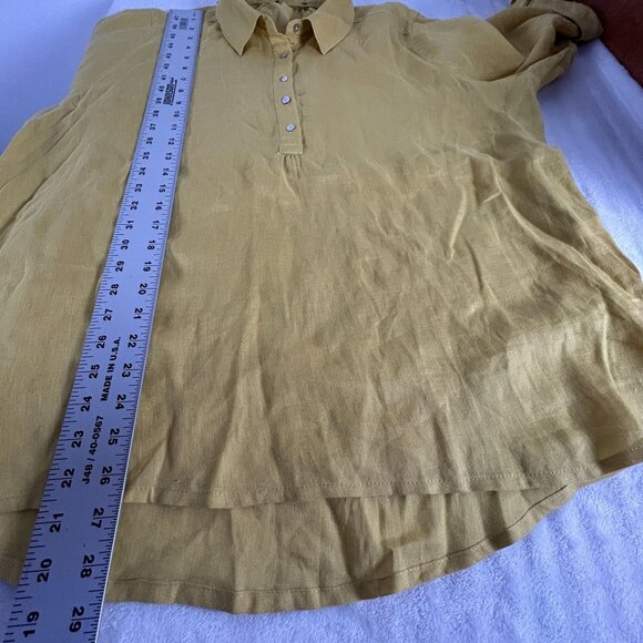 Womens Yellow Linen Button Up Tunic Shirt Top Roll-Tab Sleeve Casual Lightweight - Picture 6 of 6